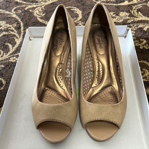 Beige Open Toe Suede Wedge shoes